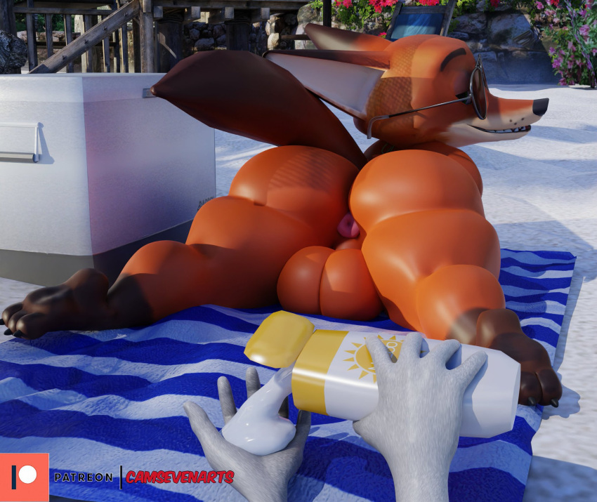 anthro ass_up balls beach beach_blanket big_balls big_butt butt camseven canid canine curvy_figure curvy_male disney duo eyewear faceless_character faceless_male first_person_view fluffy fluffy_tail fox fur genitals hi_res huge_balls huge_butt huge_thighs looking_at_viewer looking_back looking_pleasured male male/male mammal multicolored_body multicolored_fur nick_wilde nude on_bottom on_ground orange_body orange_fur pinup pose presenting presenting_hindquarters raised_tail red_body red_fox red_fur seaside sexy_eyes showing_rear spread_legs spreading sun_cream sunglasses tail thick_thighs two_tone_body two_tone_fur wide_hips zootopia