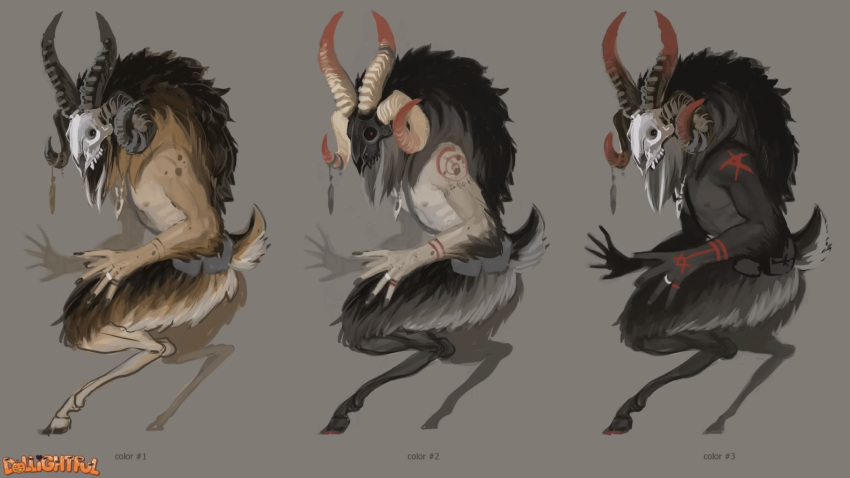 4_horns ambiguous_gender anthro bone bovid caprine caprine_demon demon dollightful_(copyright) fluffy fur goat_demon goatman_(dollightful) hi_res hooves horn humanoid_hands katherine_murray mammal mane markings multi_horn skull skull_head solo unguligrade