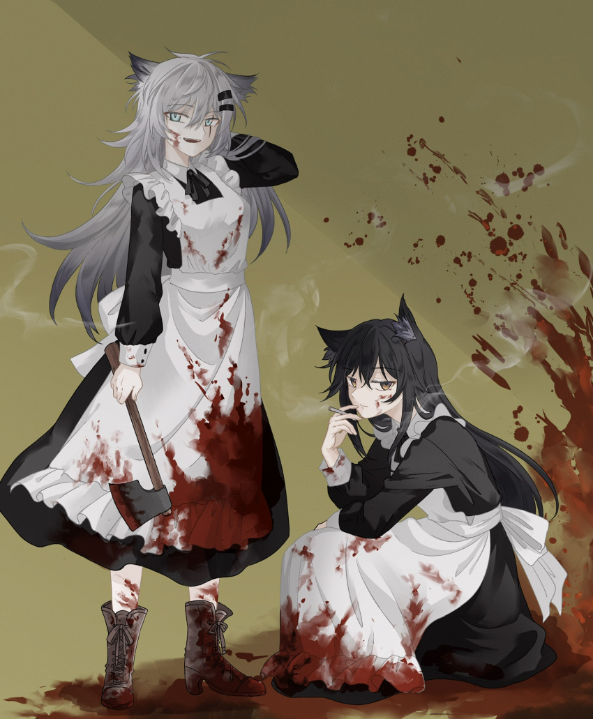 2girls alternate_costume animal_ear_fluff animal_ears antenna_hair apron aqua_eyes arknights arm_rest axe back_bow between_fingers black_bow black_bowtie black_dress black_hair blood blood_on_axe blood_on_clothes blood_on_face blood_on_ground blood_on_wall blood_on_weapon blood_splatter boots bow bowtie brown_footwear buttons cigarette closed_mouth collared_dress commentary_request dress expressionless fangs food_on_body food_on_legs frilled_apron frills from_side full_body grey_hair hair_between_eyes hair_ornament hairclip hand_in_own_hair hand_up highres holding holding_axe holding_cigarette holding_weapon indoors invisible_floor itonatsu kneeling lappland_(arknights) long_hair long_sleeves looking_at_viewer looking_to_the_side maid maid_apron messy_hair multiple_girls open_mouth pale_skin scar scar_across_eye scar_on_face shoelaces sleeve_cuffs smile smoke smoke_trail smoking standing teeth texas_(arknights) upper_teeth_only wall wallpaper_(object) weapon white_apron white_bow wing_collar wolf_ears wolf_girl yellow_background yellow_eyes