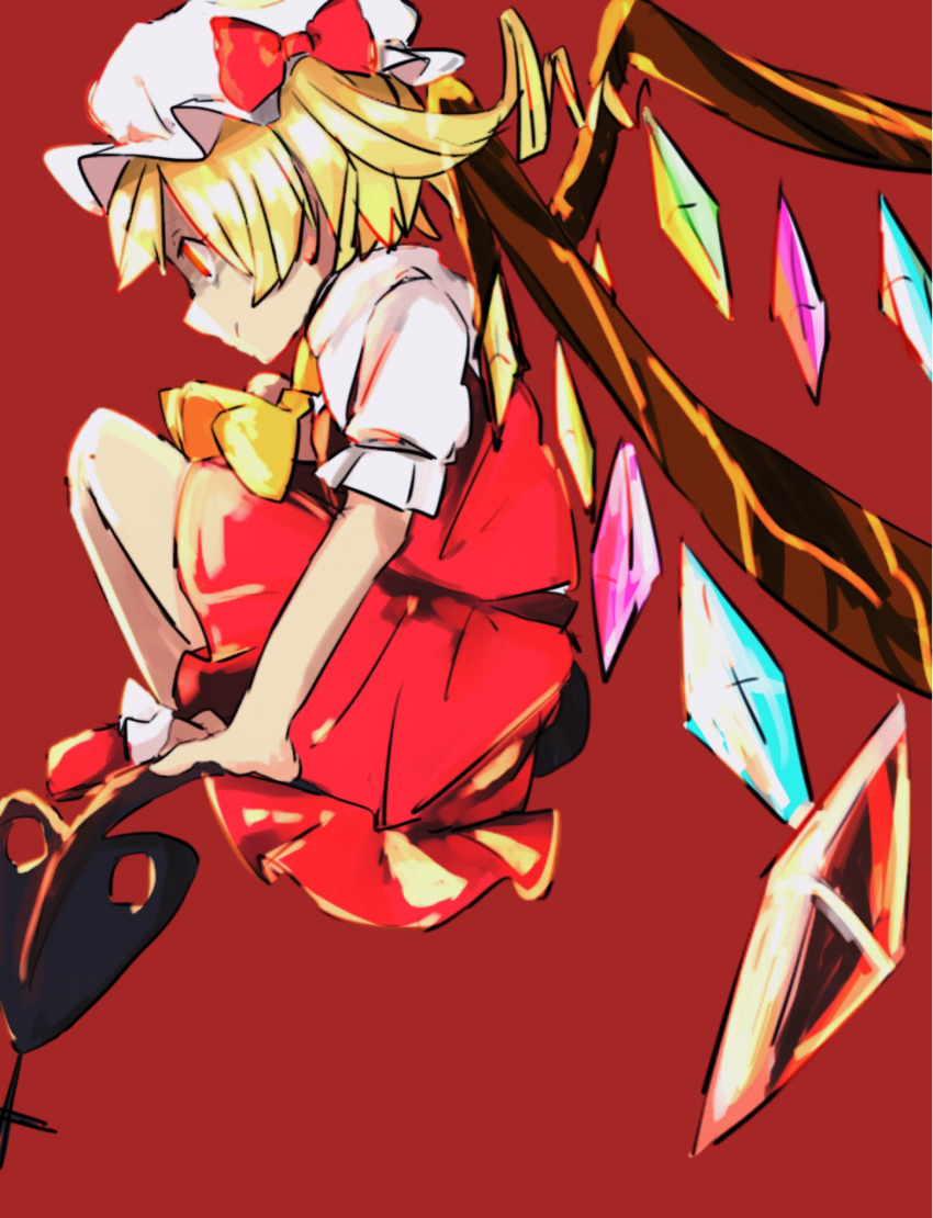 1girl absurdres blonde_hair blue_gemstone collared_shirt flandre_scarlet floating frilled_hat frilled_shirt frilled_sleeves frills gem glowing glowing_eyes hat hat_ornament hat_ribbon highres jewelry laevatein_(touhou) medium_hair mob_cap neckerchief pleated_skirt ponytail puffy_short_sleeves puffy_sleeves purple_gemstone red_background red_eyes red_footwear red_gemstone red_ribbon red_skirt red_vest ribbon shaded_face shirt shoes short_sleeves side_ponytail simple_background sitting skirt so_happy_64 touhou vampire vest white_headwear white_shirt wings yellow_gemstone yellow_neckerchief