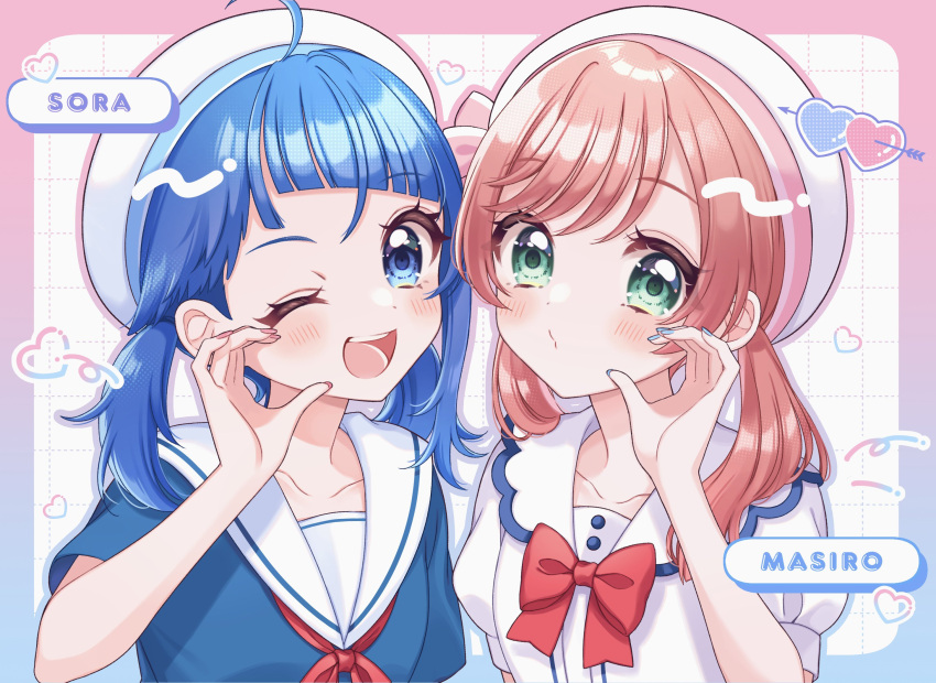 2girls ahoge beret blue_eyes blue_hair blue_nails blush dress green_eyes hat highres hirogaru_sky!_precure kuzumochi long_hair multiple_girls nijigaoka_mashiro one_eye_closed open_mouth pink_hair pink_nails precure sailor_collar sailor_dress short_sleeves smile sora_harewataru swept_bangs twintails white_headwear white_sailor_collar