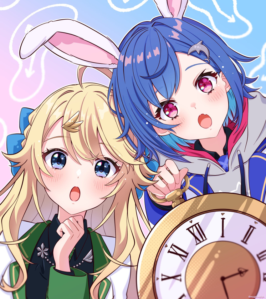 2girls ahoge animal_ears blonde_hair blue_eyes blue_hair blush clock dolphin_hair_ornament highres hood hoodie long_hair mugimugigo multiple_girls nijisanji nishizono_chigusa pink_eyes rabbit_ears short_hair todo_kohaku