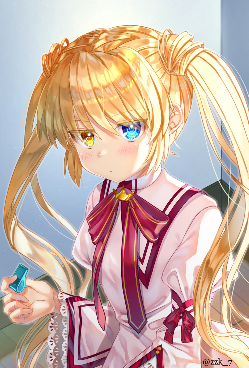 1girl :&lt; blonde_hair blue_eyes blush closed_mouth colored_eyelashes commentary_request commission dress eyes_visible_through_hair frilled_sleeves frills frown hair_between_eyes hand_up happy heterochromia highres holding holding_whistle indoors jitome juliet_sleeves kazamatsuri_institute_high_school_uniform long_hair long_sleeves looking_at_viewer nakatsu_shizuru pink_dress puffy_sleeves red_ribbon rewrite ribbon school_uniform skeb_commission solo twintails twitter_username upper_body upturned_eyes variant_set very_long_hair whistle wide_sleeves yellow_eyes zuzuhashi