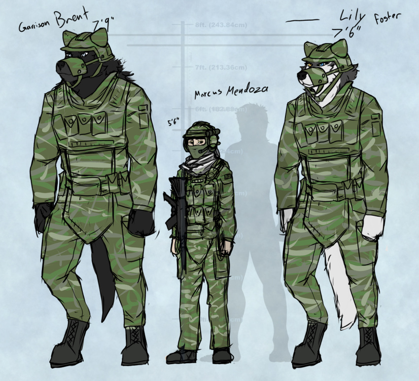 2023 anthro black_body black_fur blokfort blue_eyes boots bottomwear brown_eye brown_eyes canid canine canis clothing domestic_dog female footwear fur grey_body grey_eyes grey_fur group gun heterochromia human husky male mammal mask military_clothing military_uniform model_sheet nordic_sled_dog pants ranged_weapon simple_background spitz uniform weapon white_body white_fur wolf