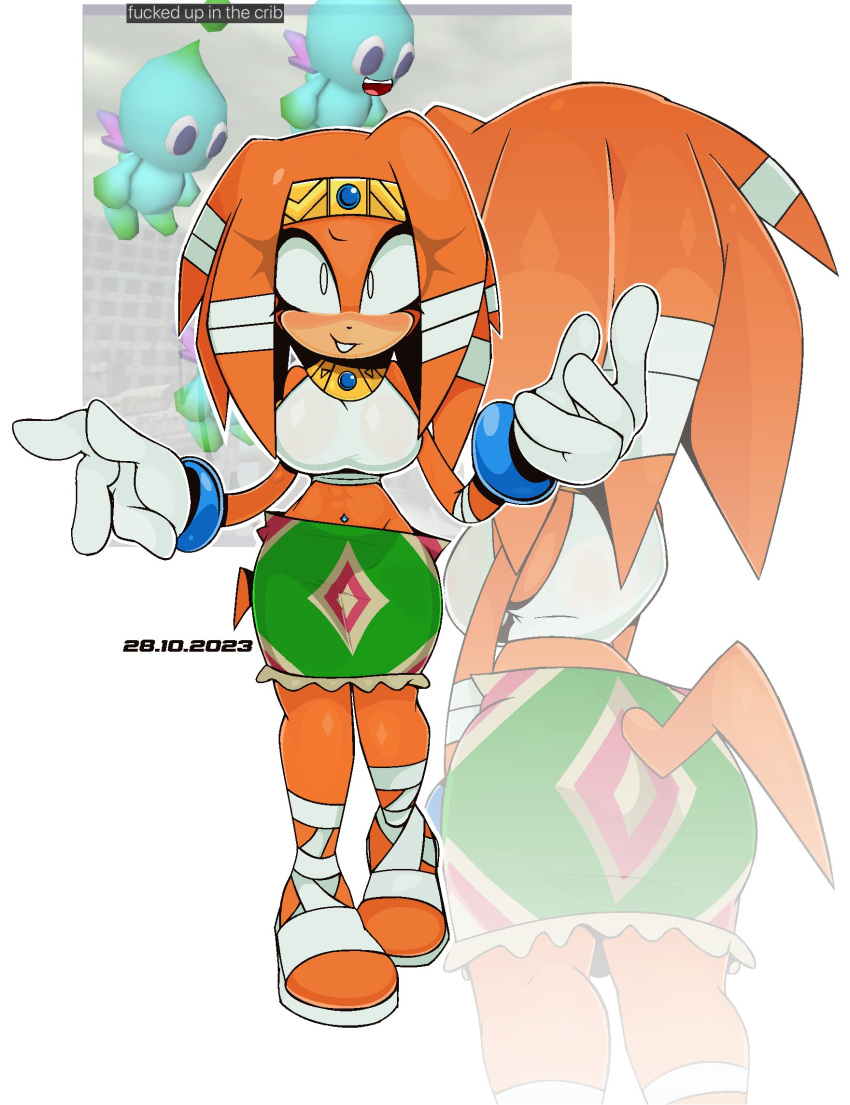 anthro big_breasts blush breasts chao_(sonic) dynablade2_(artist) echidna english_text female headgear hi_res mammal monotreme navel navel_piercing piercing profanity sega solo sonic_adventure sonic_the_hedgehog_(series) text tikal_the_echidna