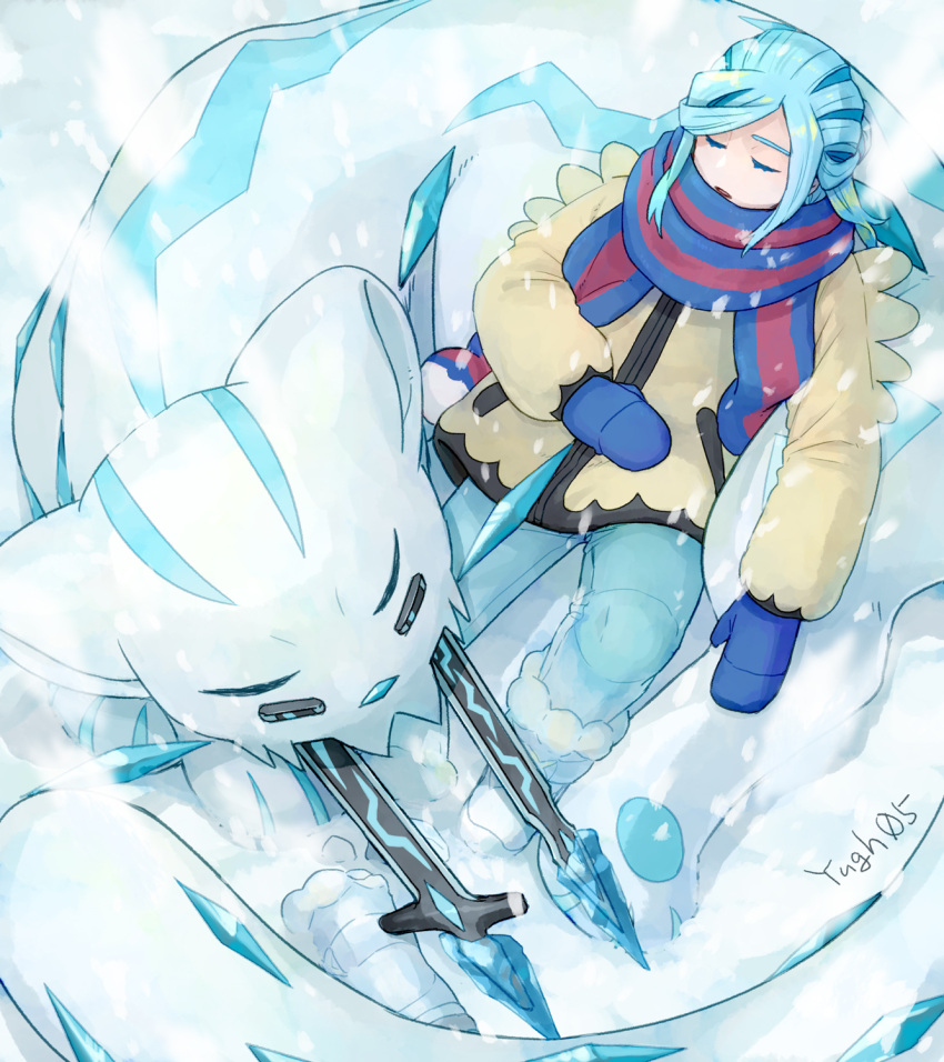 1boy blue_mittens blue_scarf boots chien-pao closed_eyes commentary_request curled_up day eyelashes from_above green_pants grusha_(pokemon) highres jacket long_hair long_sleeves male_focus outdoors pants parted_lips pokemon pokemon_(creature) pokemon_(game) pokemon_sv scarf signature snow snowing striped striped_scarf yellow_jacket yuu_(hguy_sv)