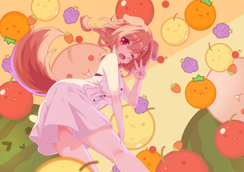 ._. 1girl 54hao :i ;d animal_ears apple ass bare_arms bare_shoulders bone_hair_ornament braid breasts brown_background brown_hair cartoon_bone cherry commentary dog_ears dog_girl dog_tail dress food from_side fruit grapes hair_between_eyes hair_ornament hand_up highres hololive inugami_korone long_hair looking_at_viewer looking_to_the_side low_twintails medium_breasts multicolored_hair one_eye_closed orange_(fruit) parted_lips peach red_apple red_eyes sleeveless sleeveless_dress smile solo strawberry suika_game tail twin_braids twintails two-tone_hair v virtual_youtuber watermelon