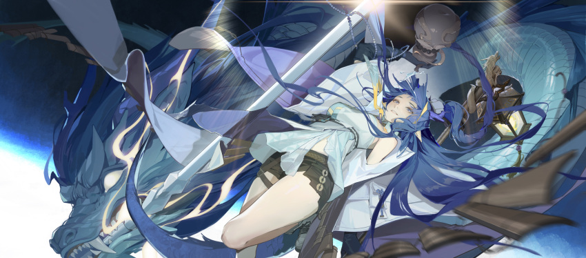 1girl absurdres arknights arm_up beads black_shorts blue_eyes blue_hair blue_shirt coat commentary_request dragon dragon_girl dragon_horns dragon_tail eastern_dragon foot_out_of_frame grin highres holding_gourd horns lantern ling_(arknights) long_hair looking_at_viewer necktie open_clothes open_coat pointy_ears ponytail sanbai_jin_ye_da_mao shirt shorts smile solo tail very_long_hair white_coat yellow_necktie