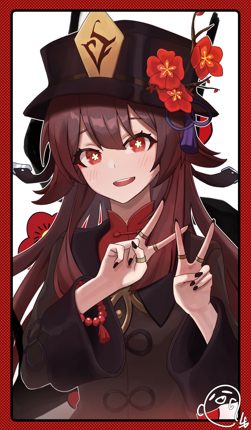 1girl absurdres bead_bracelet beads black_headwear black_nails boo_tao_(genshin_impact) border bracelet bright_pupils brown_coat brown_hair coat double_v flower flower-shaped_pupils genshin_impact guii_ii hanafuda hat hat_flower hat_tassel highres hu_tao_(genshin_impact) jewelry long_hair long_sleeves looking_at_viewer multiple_rings parted_lips red_border red_eyes red_flower ring smile solo symbol-shaped_pupils teeth upper_body upper_teeth_only v white_background white_pupils