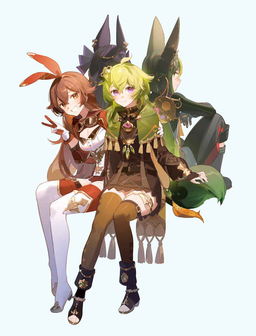 2boys 2girls absurdres amber_(100_outrider)_(genshin_impact) amber_(genshin_impact) animal_ears ankle_boots black_footwear boots breasts brown_dress brown_hair brown_thighhighs capelet closed_mouth collei_(genshin_impact) commentary_request crossed_bangs cyno_(genshin_impact) dark_green_hair dress earrings genshin_impact gloves goggles goggles_around_neck green_capelet green_hair grin hair_ornament highres jewelry long_hair long_sleeves looking_at_viewer medium_breasts medium_hair multiple_boys multiple_girls puffy_long_sleeves puffy_sleeves single_earring sitting smile teeth thigh_boots thighhighs tighnari_(genshin_impact) toeless_footwear v white_footwear white_gloves yurayura_(mdeh5447) zettai_ryouiki