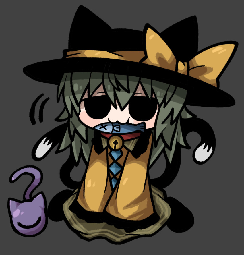 1girl :3 animal_ears bell black_eyes black_footwear black_headwear buttons cat_ears cat_girl cat_tail diamond_button fish_in_mouth frilled_sweater full_body highres jingle_bell komeiji_koishi light_green_hair motion_lines sweater tail third_eye touhou yellow_sweater zunusama