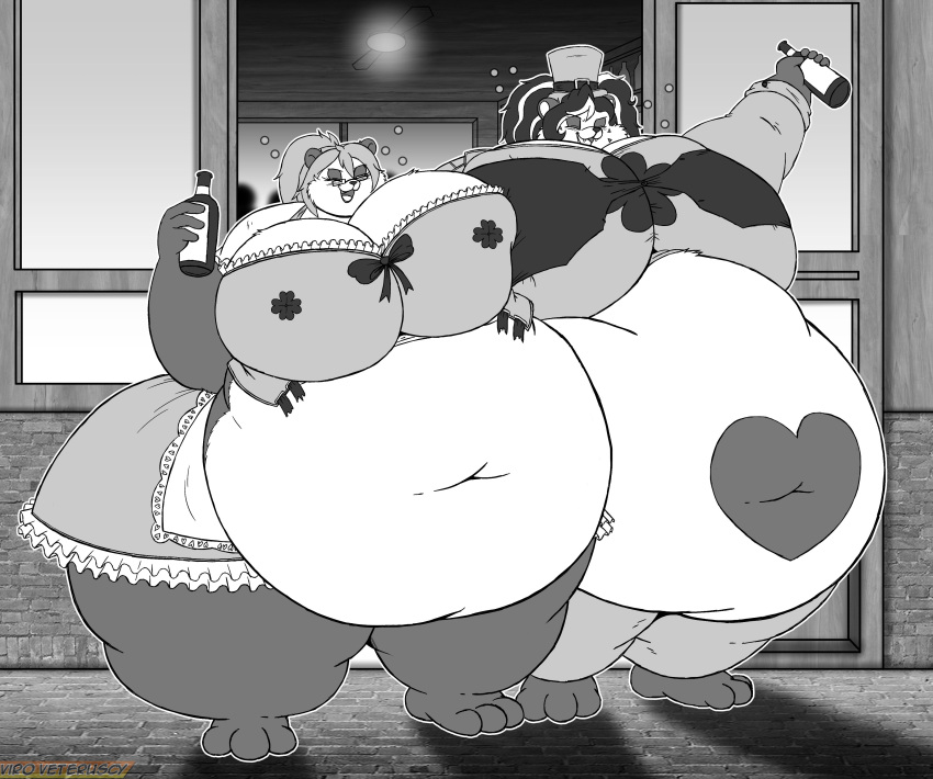 &lt;3 2021 absurd_res alcohol anthro bear beverage big_breasts bottle bottomwear breasts clothing container deep_navel digital_media_(artwork) drunk duo eyes_closed female giant_panda hair hat headgear headwear hi_res huge_belly huge_breasts huge_thighs mammal monochrome morbidly_obese morbidly_obese_anthro morbidly_obese_female navel obese obese_anthro obese_female overweight overweight_anthro overweight_female pants substance_intoxication thick_thighs topwear torn_clothing viroveteruscy xinjae_valentine