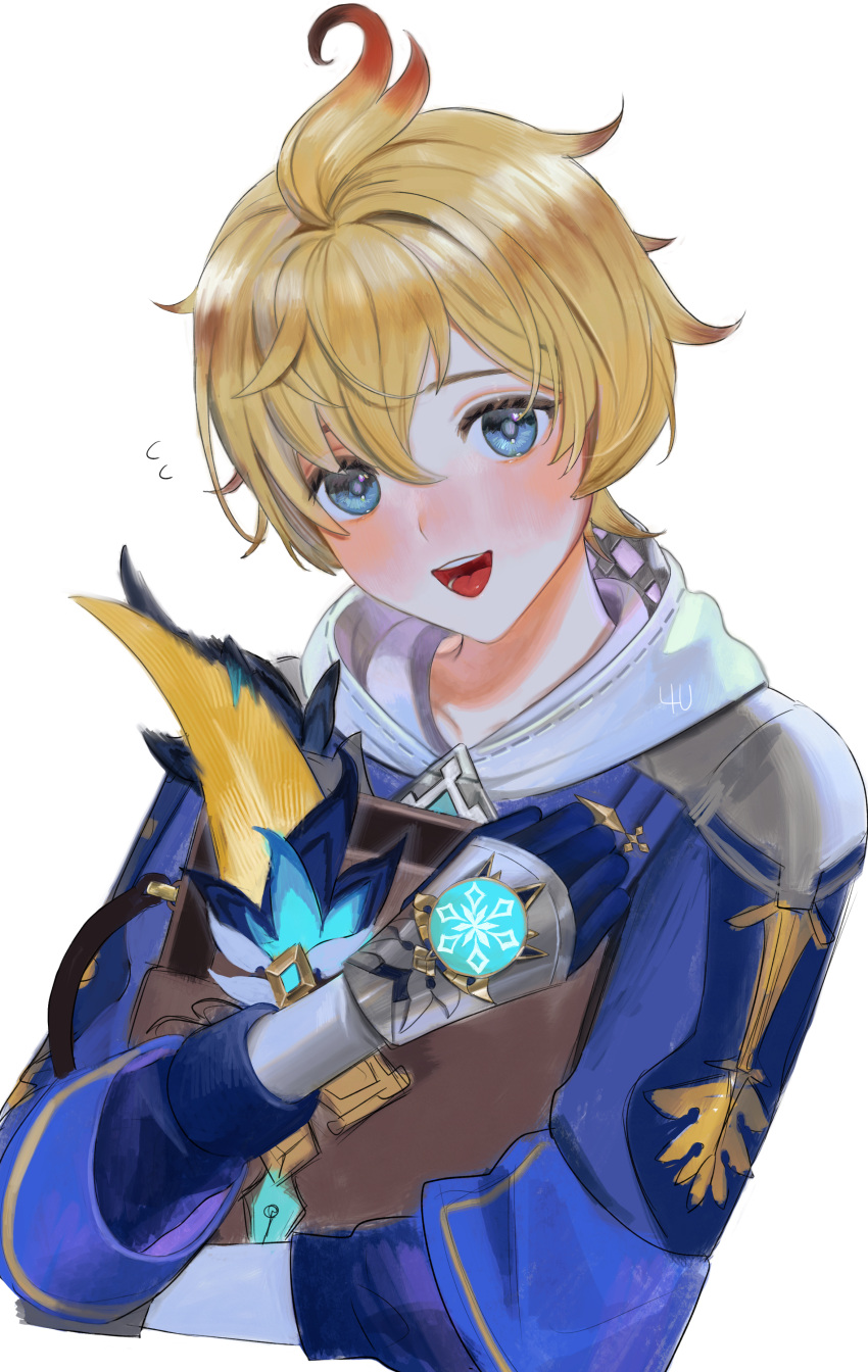 1boy 4the2ofus absurdres blonde_hair blue_eyes blush book cropped_torso flying_sweatdrops gauntlets genshin_impact gradient_hair hair_between_eyes highres holding holding_book hood hood_down long_sleeves looking_at_viewer male_focus mika_(genshin_impact) multicolored_hair open_mouth red_hair signature simple_background solo upper_body white_background