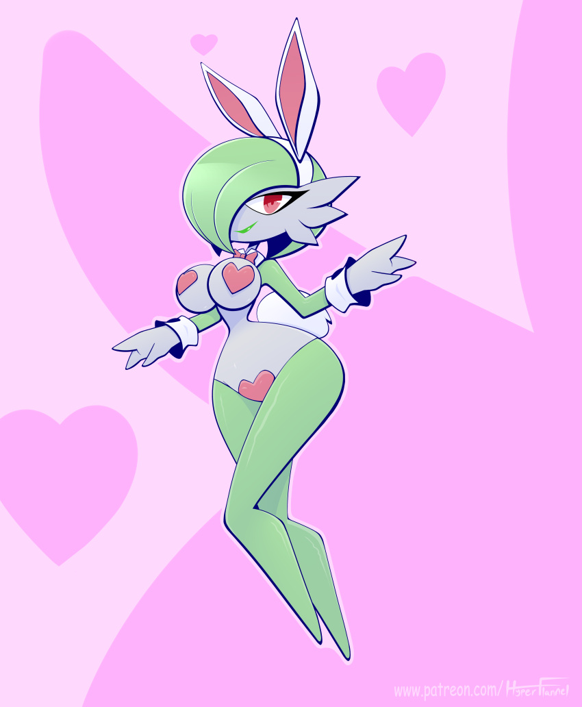 absurd_res big_breasts bow_tie breasts clothing collar costume fake_ears fake_rabbit_ears featureless_feet female gardevoir generation_3_pokemon hair hair_over_eye hi_res huge_breasts humanoid hyperflannel nintendo not_furry one_eye_obstructed pasties pokemon pokemon_(species) reverse_bunny_costume simple_background smile solo thick_thighs