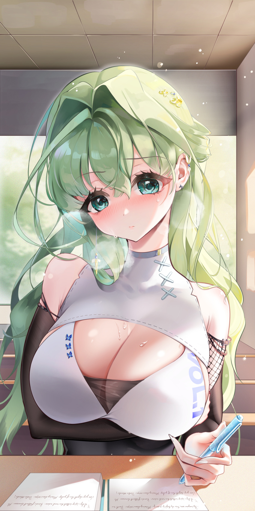 absurdres arm_under_breasts bare_shoulders black_shirt blush breasts chinese_commentary cleavage cleavage_cutout closed_mouth clothing_cutout commentary_request desk detached_sleeves earrings fangwan green_eyes green_hair hair_between_eyes heavy_breathing highres holding holding_pen indoors jewelry large_breasts layered_shirt long_hair looking_at_viewer nose_blush original pen shirt sweat upper_body wavy_hair white_shirt