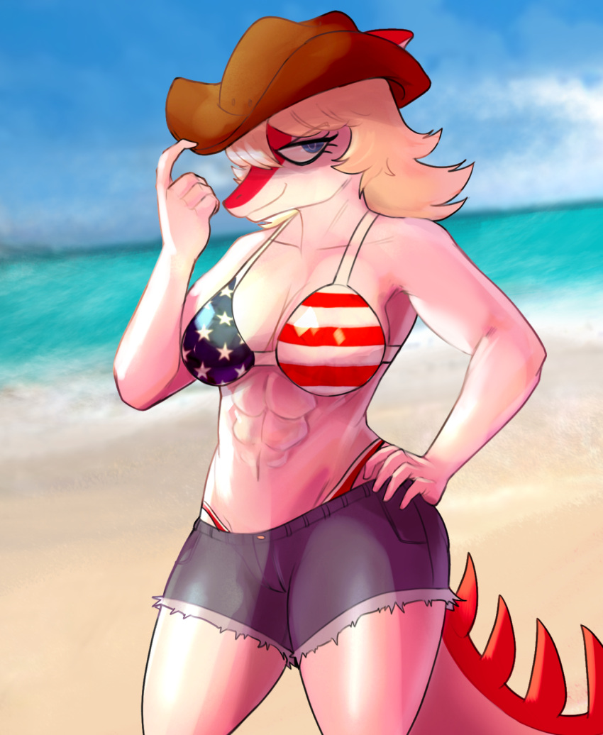2023 abs american_flag_bikini anthro athletic athletic_anthro athletic_female beach bikini blonde_hair blue_eyes bottomwear breasts cleavage clothed clothing cowboy_hat cutoffs deadassspider denim denim_clothing detailed_background digital_drawing_(artwork) digital_media_(artwork) dinosaur eyelashes female fingers hadrosaurid hair hand_on_hip hand_on_own_hip hat headgear headwear hi_res i_wani_hug_that_gator long_tail looking_at_viewer mia_(iwhtg) multicolored_body multicolored_scales muscular muscular_anthro muscular_female ornithischian outside parasaurolophus red_body red_scales reptile scales scalie seaside shorts smile snout solo spikes spikes_(anatomy) stars_and_stripes swimwear tail two_tone_body two_tone_scales united_states_of_america white_body white_scales
