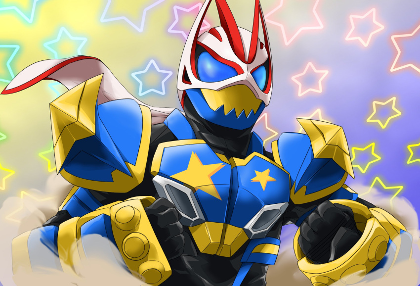 1boy black_bodysuit blue_armor blue_background blue_eyes bodysuit boxing_gloves brass_knuckles clenched_hands desire_driver finishing_move fox highres kamen_rider kamen_rider_geats kamen_rider_geats_(series) male_focus miyabi_(037) monster_buckle parody raise_buckle shadow simple_background solo star_(sky) star_(symbol) starry_background tokusatsu weapon yellow_background