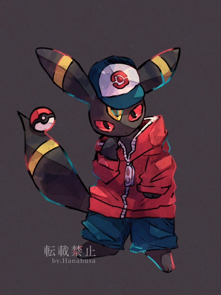 animal_focus baggy_pants baseball_cap black_background black_skin clothed_pokemon colored_skin hanabusaoekaki hat highres jacket no_humans pants poke_ball poke_ball_print pokemon pokemon_(creature) red_eyes red_jacket simple_background solo standing umbreon zipper