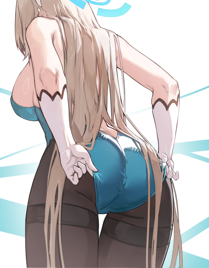 1girl absurdres adjusting_clothes ass asuna_(blue_archive) asuna_(bunny)_(blue_archive) backless_leotard black_pantyhose blue_archive blue_halo blue_leotard breasts commentary cowboy_shot elbow_gloves from_behind gloves halo highres large_breasts leotard light_brown_hair long_hair mixed-language_commentary official_alternate_costume pantyhose peachpa sidelocks simple_background solo standing straight_hair strapless strapless_leotard thigh_gap thighband_pantyhose very_long_hair white_background white_gloves