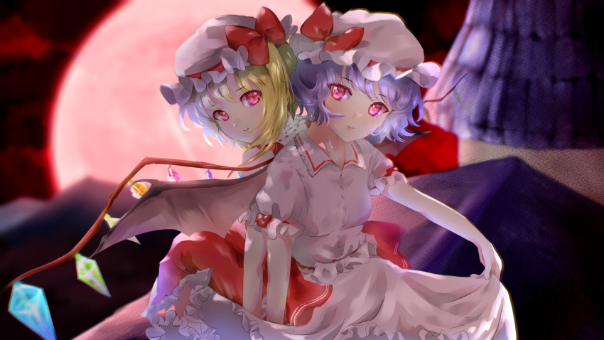 2girls back-to-back bat_wings blonde_hair bow breasts closed_mouth crystal dress flandre_scarlet hair_bow hat highres k1m1dor1 light_smile mob_cap moon multiple_girls night night_sky on_roof one_side_up outdoors pink_eyes purple_hair red_bow red_moon remilia_scarlet siblings sisters sitting_on_roof sky small_breasts swept_bangs touhou white_dress wings yuri