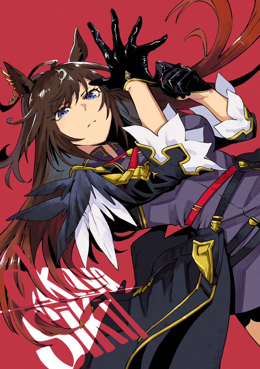 1girl absurdres adjusting_clothes adjusting_gloves ahoge akaya_shiki animal_ears artist_name black_gloves black_jacket blue_eyes brown_hair cape closed_mouth commentary duramente_(umamusume) dutch_angle ear_ornament ear_piercing feathers gloves hair_between_eyes highres horse_ears horse_girl horse_tail jacket long_hair long_sleeves looking_at_viewer multicolored_hair piercing red_background simple_background solo streaked_hair tail umamusume very_long_hair white_hair