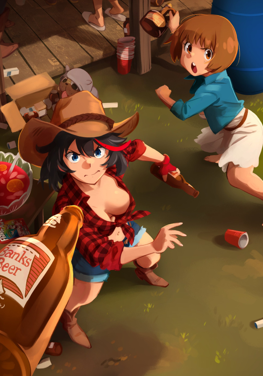 2girls absurdres animal barefoot barrel beer_bottle belt black_hair blue_eyes blue_shirt bob_cut boots bottle box breasts brown_belt brown_eyes brown_footwear brown_hair cardboard_box cleavage clothed_animal collarbone collared_shirt commentary cowboy_boots cowboy_hat cup denim denim_shorts disposable_cup dog dot_nose downblouse dress english_commentary english_text fingerless_gloves frown fruit_punch_(drink) full_body furrowed_brow glass_bowl gloves grass grey_hoodie guts_(kill_la_kill) hat highres holding holding_bottle hood hood_up hoodie khyle. kill_la_kill large_breasts looking_at_viewer mankanshoku_mako matoi_ryuuko medium_breasts medium_dress medium_hair meme midriff multicolored_hair multiple_girls navel no_bra open_mouth outdoors patreon_username photo-referenced pill_bottle plaid plaid_shirt popped_collar porch red_gloves red_hair red_shirt revision shirt shorts single_glove sleeves_past_elbows sleeves_rolled_up slippers split_mouth standing straight_hair streaked_hair teeth throwing throwing_drink two-tone_hair upper_teeth_only web_address white_dress white_footwear wooden_porch