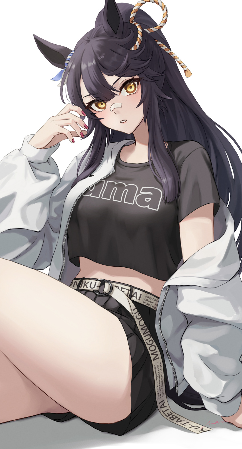 1girl absurdres alternate_costume animal_ears bandaid bandaid_on_face bandaid_on_nose belt black_hair black_shirt black_shorts clothes_writing commentary_request crop_top hair_between_eyes highres horse_ears jacket long_hair long_sleeves looking_at_viewer manunnu midriff narita_brian_(umamusume) off_shoulder open_clothes open_jacket shadow shirt short_shorts short_sleeves shorts sitting solo thighs umamusume very_long_hair white_background white_belt white_jacket yellow_eyes