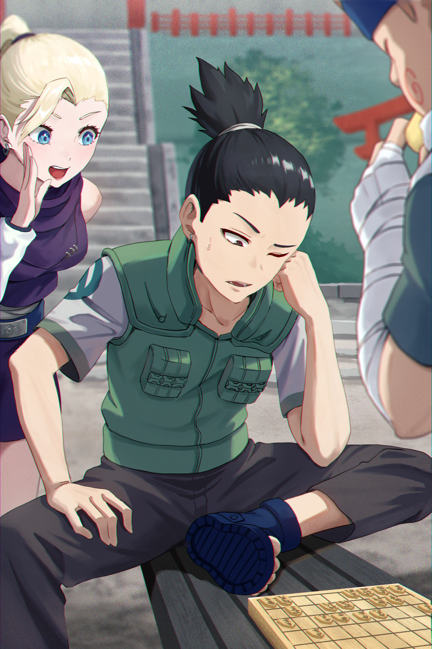 1girl 2boys absurdres akimichi_chouji black_hair blonde_hair blue_eyes board_game chips_(food) day earrings eating flak_jacket food highres jacket jewelry konohagakure_symbol matsumotoshinnnosuke multiple_boys nara_shikamaru naruto naruto_(series) ninja one_eye_closed outdoors ponytail potato_chips shogi sitting sweat yamanaka_ino