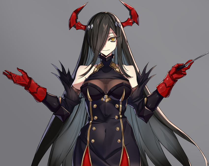 1girl absurdres azur_lane bare_shoulders black_eyeliner black_feathers black_hair black_sleeves breasts cleavage covered_navel detached_sleeves feathers friedrich_der_grosse_(azur_lane) gold_trim hands_up highres holding_baton horns large_breasts long_hair looking_at_viewer mechanical_hands mechanical_horns ouka_(sakura_oinari) red_horns solo thick_eyelashes very_long_hair yellow_eyes
