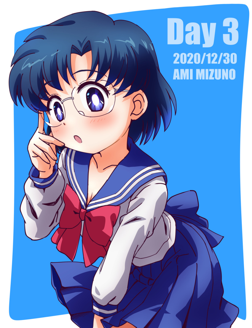 1girl adjusting_eyewear back_bow bishoujo_senshi_sailor_moon blouse blue_eyes blue_hair blue_sailor_collar blue_skirt bow bowtie bright_pupils character_name commentary_request cowboy_shot dated english_text glasses highres inoue_kouji juuban_middle_school_uniform leaning_forward long_sleeves medium_skirt mizuno_ami open_mouth pleated_skirt red_bow red_bowtie rimless_eyewear sailor_collar school_uniform serafuku shirt short_hair skirt solo standing white_pupils white_shirt