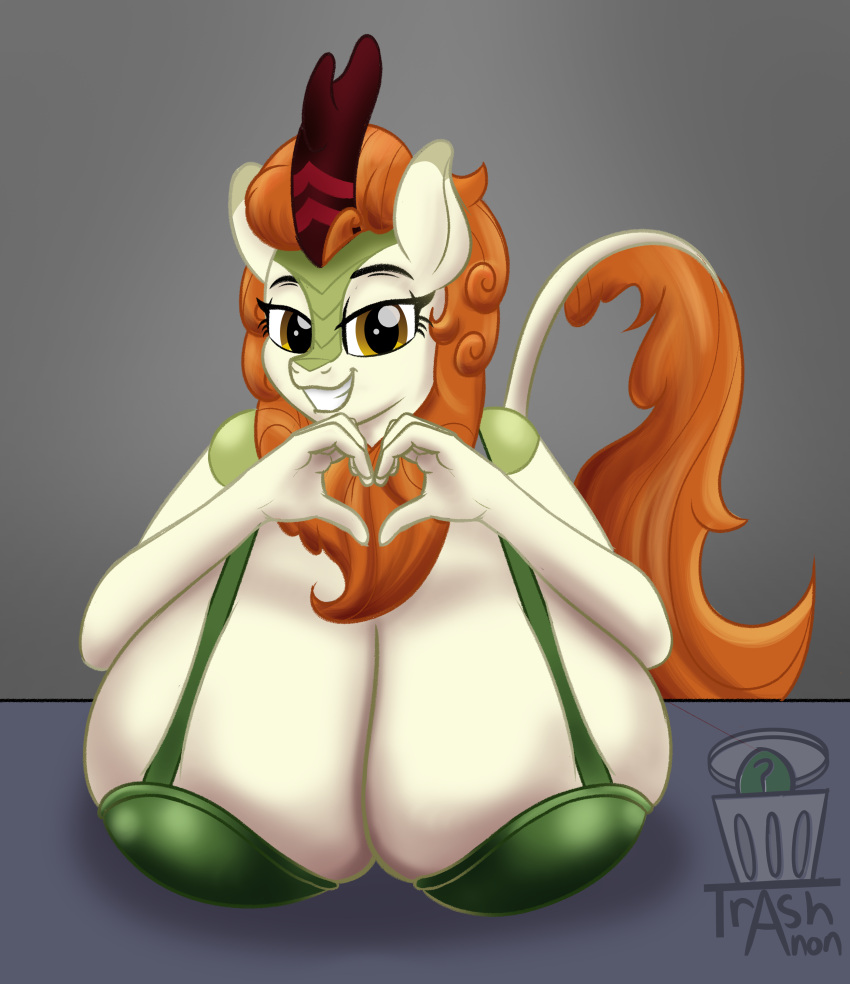 &lt;3 absurd_res anthro anthrofied asian_mythology autumn_blaze_(mlp) big_breasts bra breasts brown_hair chinese_mythology clothing east_asian_mythology female friendship_is_magic gesture hair hand_heart hasbro hi_res horn huge_breasts hyper hyper_breasts kirin looking_at_viewer mane my_little_pony mythology orange_hair smile solo trash_anon underwear