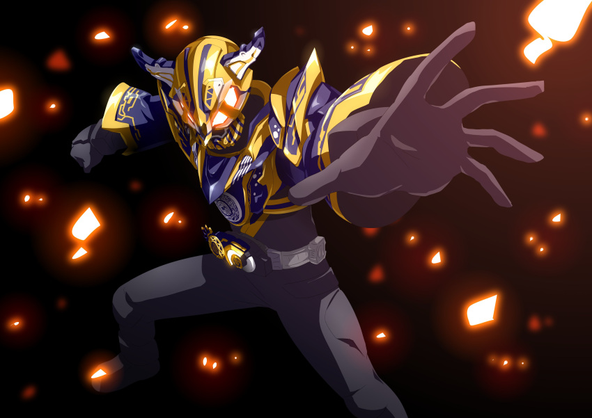 1boy absurdres black_bodysuit black_gloves blue_armor blue_sleeves bodysuit clenched_hand clenched_hands commentary driver_(kamen_rider) fangs fantasy_buckle fingernails foreshortening gloves glowing glowing_eyes gold_trim highres horns id_core incoming_attack incoming_punch kamen_rider kamen_rider_geats_(series) kamen_rider_gyago looking_at_viewer male_focus open_hand otokamu punching raise_buckle red_eyes rider_belt tokusatsu upper_body