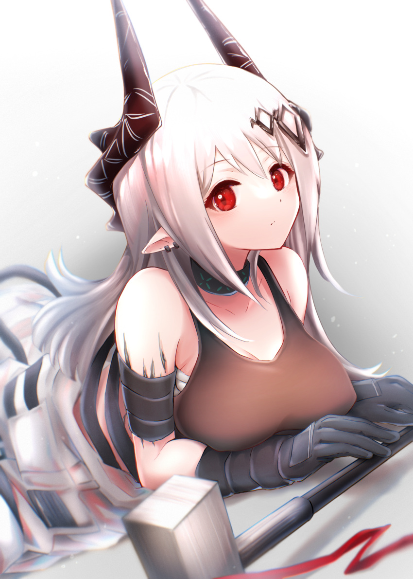 1girl 3_(sanyako1) absurdres arknights bare_shoulders black_collar black_gloves black_horns bloom breasts chest_sarashi chromatic_aberration closed_mouth collar collarbone crop_top ear_piercing elbow_gloves expressionless gloves grey_background grey_hair grey_sports_bra hammer highres horns infection_monitor_(arknights) large_breasts light_blush long_hair looking_at_viewer lying mudrock_(arknights) on_stomach oripathy_lesion_(arknights) piercing pointy_ears red_eyes sarashi sledgehammer sleeveless solo split_mouth sports_bra white_background