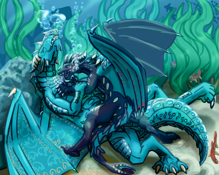 air_bubble azureflame_(crimsonfire17) claws dragon duo female feral fish grabbing_arm hi_res licking male marine neck_lick pinned_to_ground prince_heimdall(sirius~) seaweed tongue tongue_out underwater universaldragon water