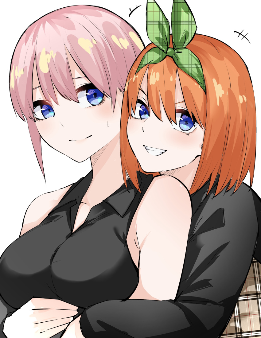 2girls :d absurdres arm_around_waist bare_shoulders black_shirt blue_eyes breasts closed_mouth commentary_request eyebrows_hidden_by_hair go-toubun_no_hanayome green_ribbon grin hair_between_eyes hair_ribbon highres hug hug_from_behind large_breasts long_shirt looking_at_viewer mame1645 medium_hair multiple_girls nakano_ichika nakano_yotsuba orange_hair pink_hair plaid plaid_ribbon ribbon shirt short_hair siblings simple_background sisters sleeveless sleeveless_shirt smile straight_hair sweatdrop teeth twins upper_body v-shaped_eyebrows white_background