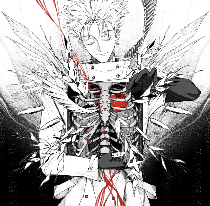 1boy ammunition_belt apple bone closed_eyes closed_mouth coat cowboy_shot earrings fingerless_gloves food fruit gannnmoo gloves greyscale highres holding jewelry long_sleeves male_focus mole mole_under_eye monochrome short_hair single_earring smile solo spiked_hair spot_color standing trigun vash_the_stampede