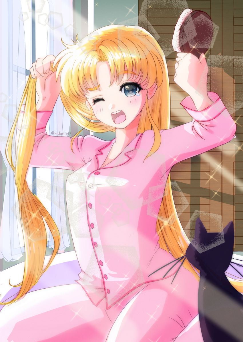 absurdres bishoujo_senshi_sailor_moon blonde_hair blue_eyes brushing_hair cat double_bun hair_bun highres kuroasa24 long_hair long_sleeves luna_(sailor_moon) pajamas parted_bangs pink_pajamas sidelocks tears tsukino_usagi very_long_hair