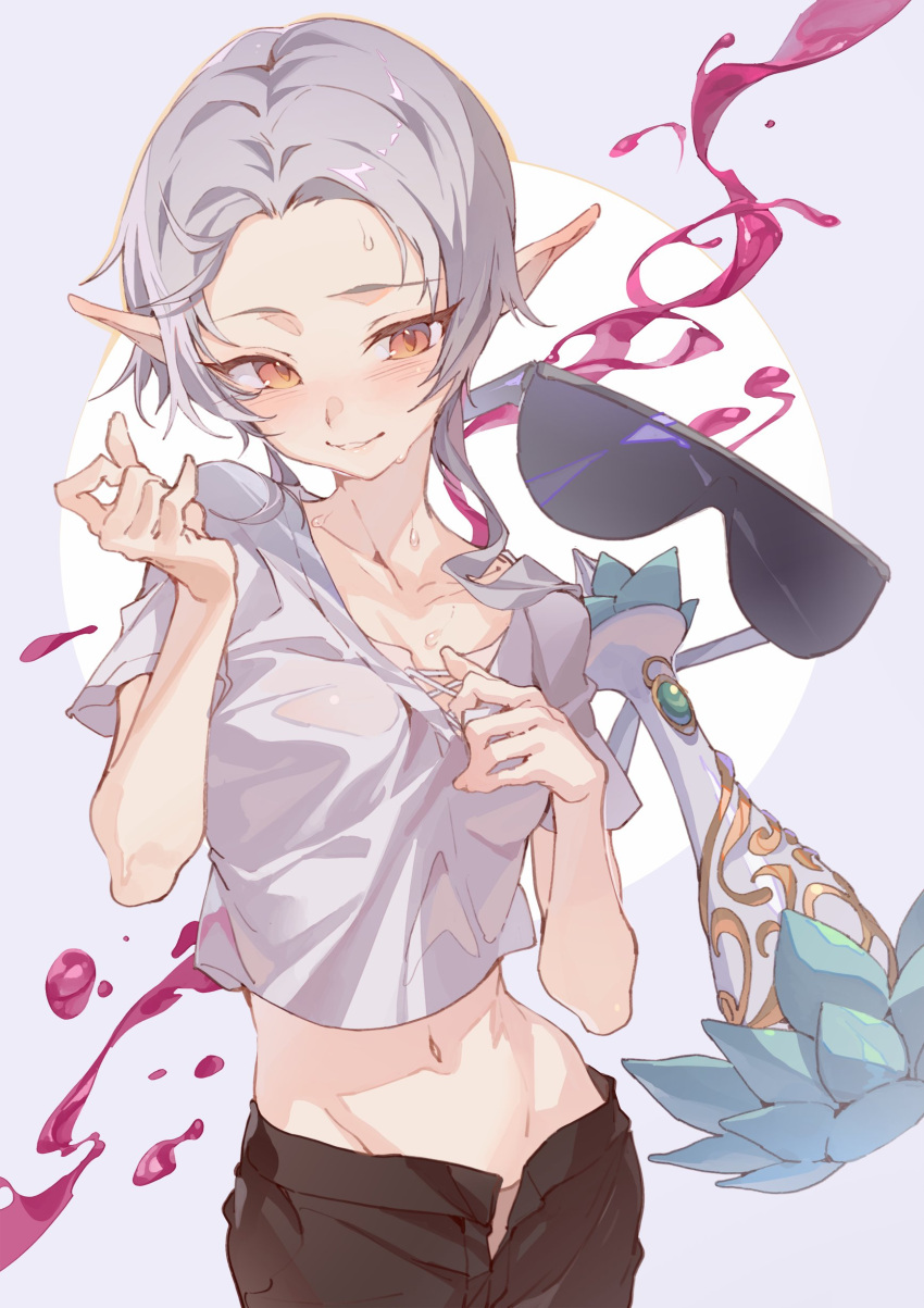 1girl absurdres blush closed_mouth crop_top elf glasses highres hxxg looking_at_viewer midriff_peek mushoku_tensei navel open_fly pointy_ears red_eyes shirt short_hair solo sunglasses sylphiette_(mushoku_tensei) unbuttoned white_hair