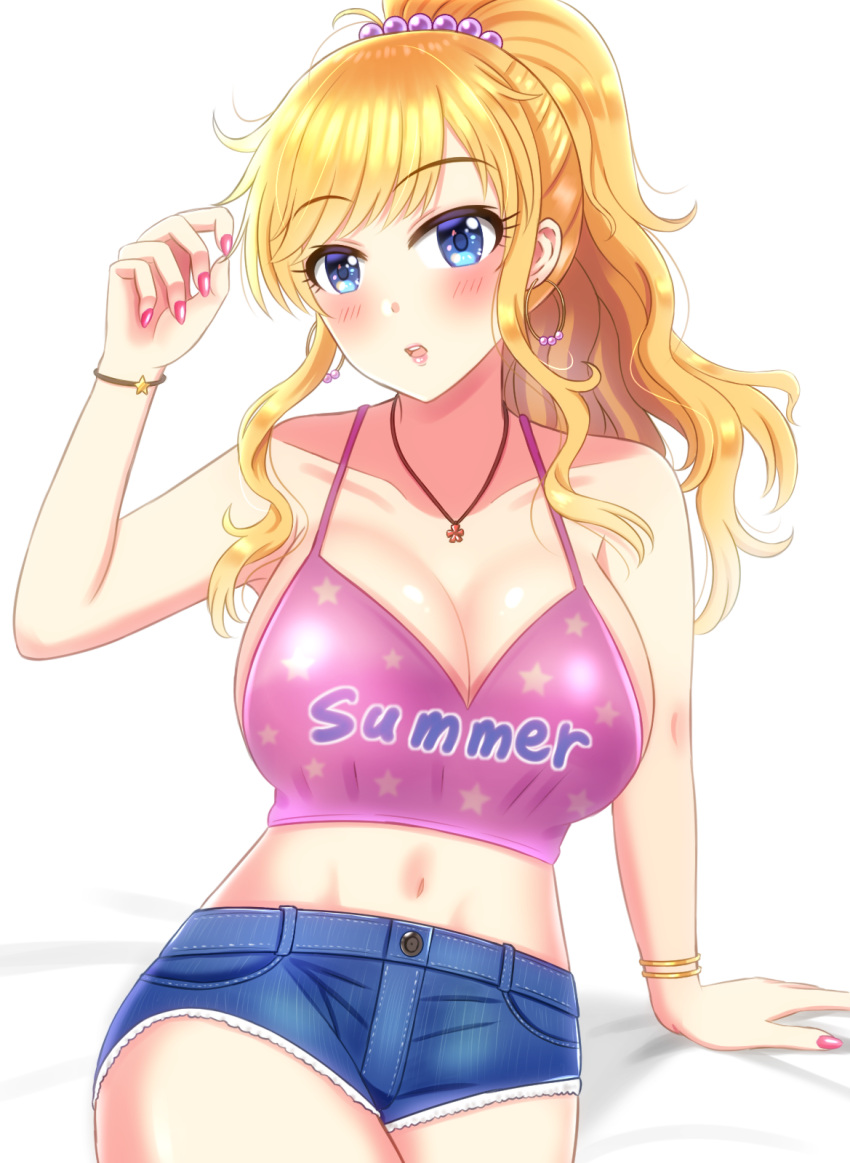 1girl arm_support bare_arms bare_shoulders beads blue_eyes blush bracelet breasts cleavage collarbone cowboy_shot crop_top denim denim_shorts earrings genmon highres hoop_earrings idolmaster idolmaster_cinderella_girls jewelry large_breasts looking_at_viewer nail_polish navel necklace ohtsuki_yui pink_nails pink_top ponytail shiny_skin shorts sidelocks solo