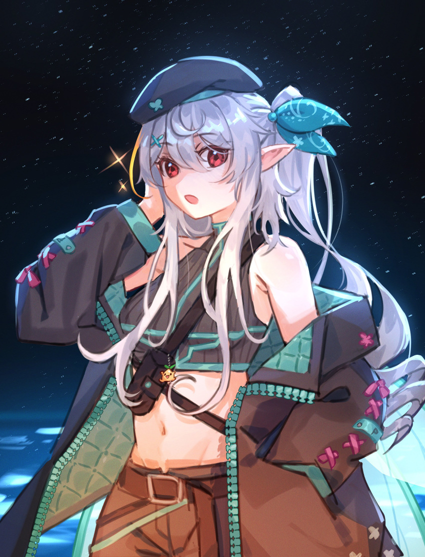 1girl absurdres bangs bare_shoulders belt beret black_headwear black_jacket black_shirt blue_ribbon brown_belt crop_top grey_hair hair_ornament hair_ribbon hat highres jacket long_hair long_sleeves looking_at_viewer maplesights navel nijisanji nijisanji_en off_shoulder official_alternate_costume open_clothes open_jacket open_mouth pointy_ears pomu_rainpuff pomudachi_(pomu_rainpuff) ponytail red_eyes ribbon shirt sleeveless sleeveless_shirt solo virtual_youtuber x_hair_ornament