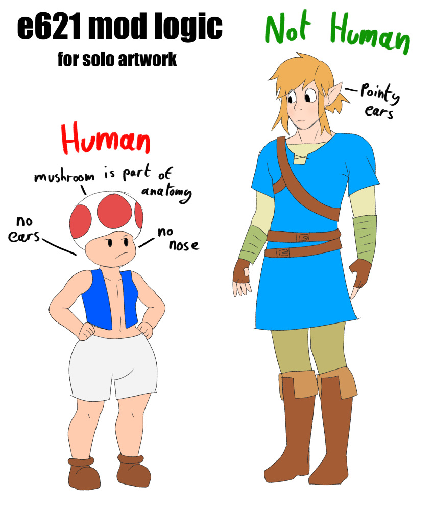 absurd_res belt bottomwear breath_of_the_wild clothing digital_media_(artwork) duo footwear hair hi_res link male mario_bros nintendo not_furry pants shirt shoes shorts simple_background standing text the_legend_of_zelda timidwithapen toad_(mario) topwear vent white_background
