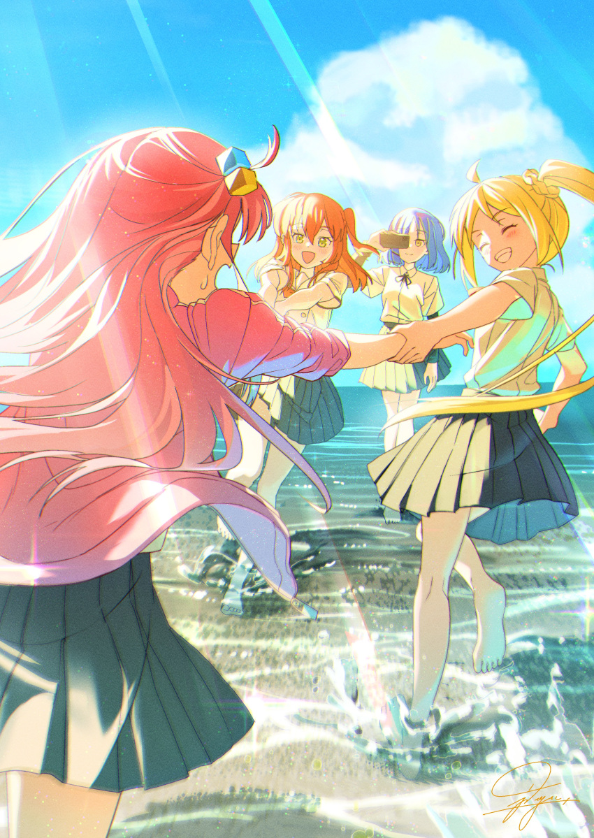 4girls :d ^_^ absurdres ahoge barefoot blonde_hair blue_hair blue_sky bocchi_the_rock! camcorder closed_eyes cloud commentary cube_hair_ornament day english_commentary gotou_hitori green_eyes grin hair_ornament highres holding_another's_wrist ijichi_nijika jacket jdge kita_ikuyo light_rays long_hair multiple_girls one_side_up open_clothes open_jacket open_mouth orange_hair outdoors pink_hair pink_jacket pleated_skirt short_hair side_ponytail signature skirt sky smile sunbeam sunlight video_camera wading water yamada_ryou yellow_eyes