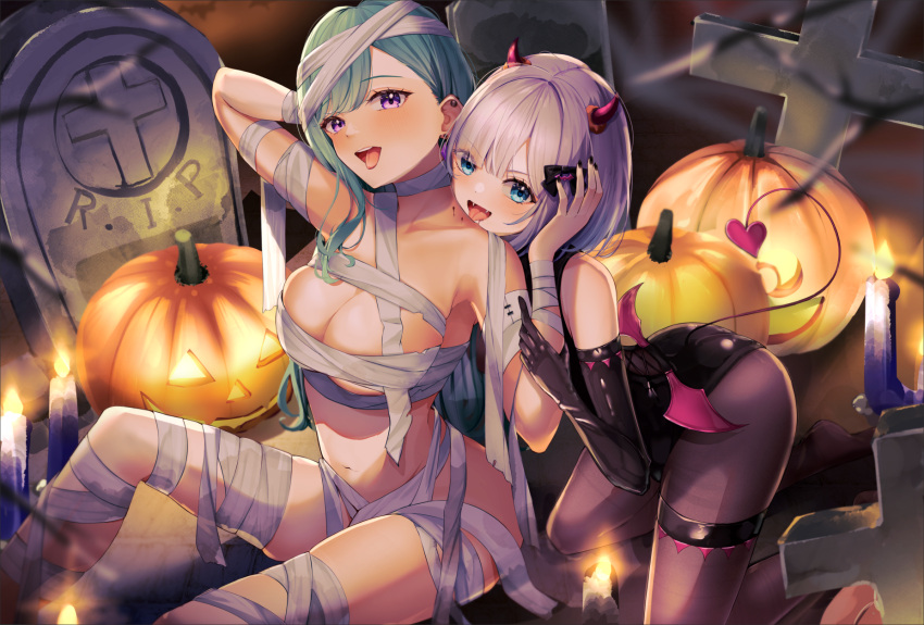 2girls arms_up bandages bite_mark black_leotard black_pantyhose blue_eyes blush breasts candle collarbone cross cross-laced_clothes demon_horns demon_tail demon_wings detached_sleeves fangs green_hair grey_hair halloween hands_on_another's_face highres holding_hands horns horo_27 jack-o'-lantern kaga_sumire kneeling large_breasts leotard lupinus_virtual_games multiple_girls mummy_costume navel pantyhose purple_eyes sitting tail teeth thigh_strap tombstone tongue tongue_out underboob upper_teeth_only virtual_youtuber vspo! wings yakumo_beni