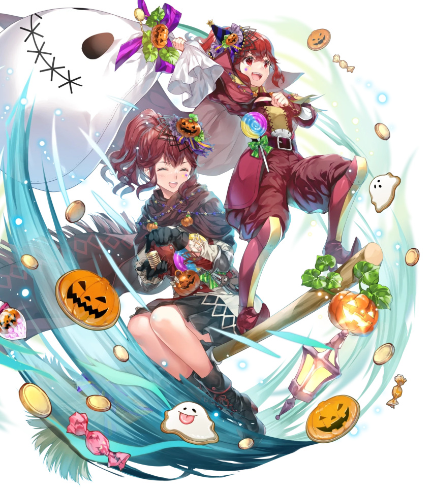 2girls ankle_boots anna_(fire_emblem) belt boots broom broom_riding candy cape closed_eyes cookie detached_sleeves fire_emblem fire_emblem_awakening fire_emblem_engage fire_emblem_heroes food gloves gold hair_ornament hat highres holding jack-o'-lantern knee_boots lantern lollipop long_hair long_sleeves mini_party_hat miwabe_sakura multiple_girls non-web_source official_alternate_costume official_art open_mouth pants party_hat pointy_footwear ponytail pumpkin red_eyes red_hair sack siblings side_ponytail sidelocks sisters skirt smile star_(symbol) star_tattoo tattoo teeth transparent_background upper_teeth_only