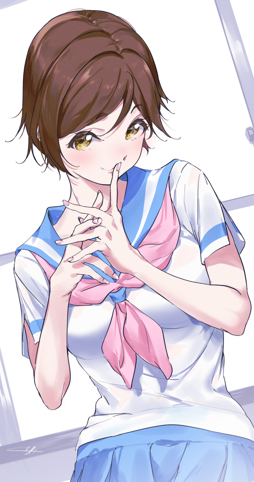 1girl blue_sailor_collar blue_skirt blush brown_hair closed_mouth commentary_request finger_to_mouth hibike!_euphonium highres kitauji_high_school_uniform kuziaaizuk looking_at_viewer morimoto_michiyo nail_polish neckerchief pink_nails pink_neckerchief pleated_skirt sailor_collar school_uniform serafuku shirt short_hair short_sleeves skirt smile solo standing summer_uniform white_shirt window yellow_eyes