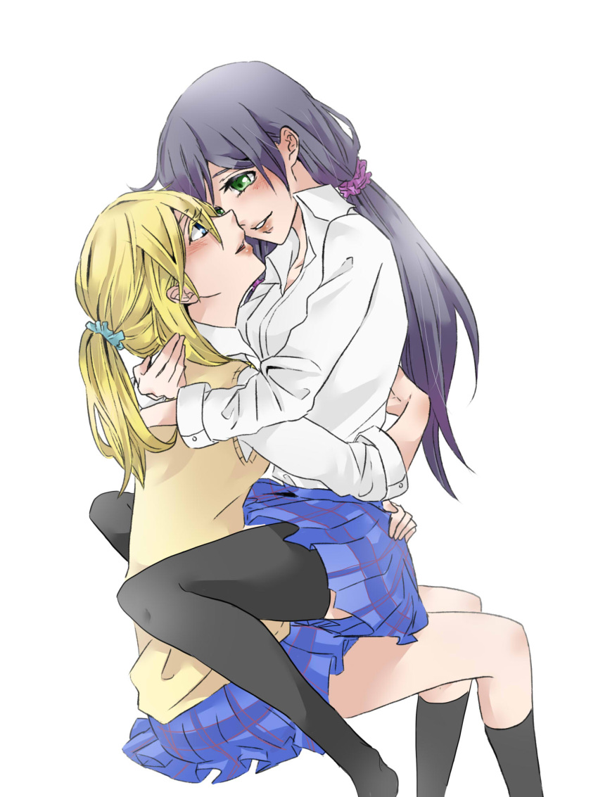 2girls ayase_eli black_socks black_thighhighs blonde_hair blue_eyes blue_scrunchie blue_skirt blush breasts brown_sweater_vest collared_shirt commentary_request dress_shirt eye_contact green_eyes hair_ornament hair_scrunchie highres hug invisible_chair kashikaze kneehighs long_hair long_sleeves looking_at_another love_live! low_twintails medium_breasts multiple_girls otonokizaka_school_uniform parted_lips plaid plaid_skirt pleated_skirt ponytail purple_hair purple_scrunchie school_uniform scrunchie shirt simple_background sitting skirt smile socks sweater_vest thighhighs toujou_nozomi twintails white_background white_shirt yuri