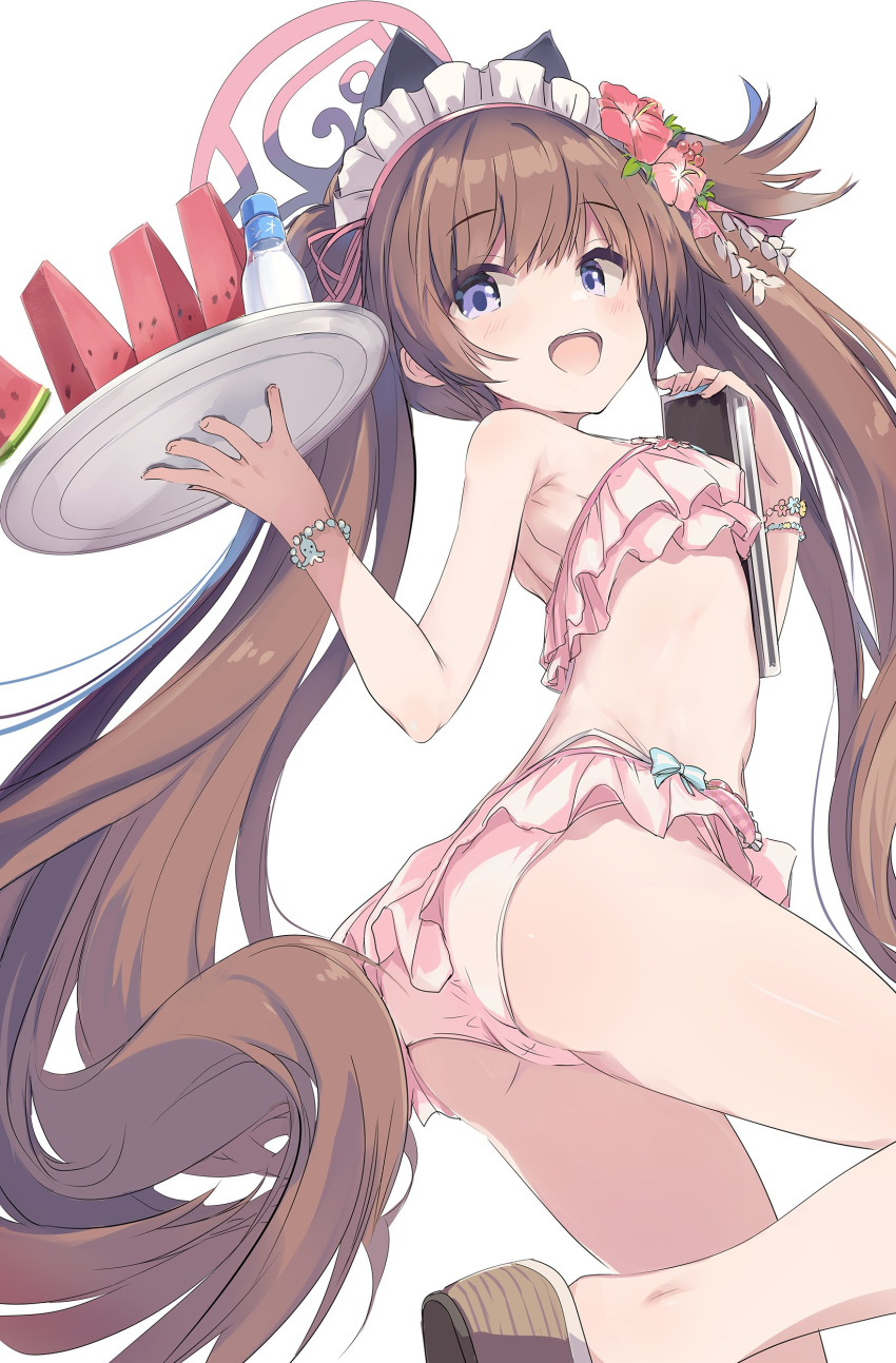1girl absurdres bare_arms bare_legs bare_shoulders bikini blue_archive blush brown_hair flat_chest flower food frilled_bikini frills fruit hair_flower hair_ornament halo headdress highres holding holding_tray long_hair looking_at_viewer nimura_yuuji official_alternate_costume open_mouth pink_bikini pink_flower pink_halo purple_eyes red_flower salt shizuko_(blue_archive) shizuko_(swimsuit)_(blue_archive) simple_background smile solo swimsuit tray twintails watermelon watermelon_slice white_background