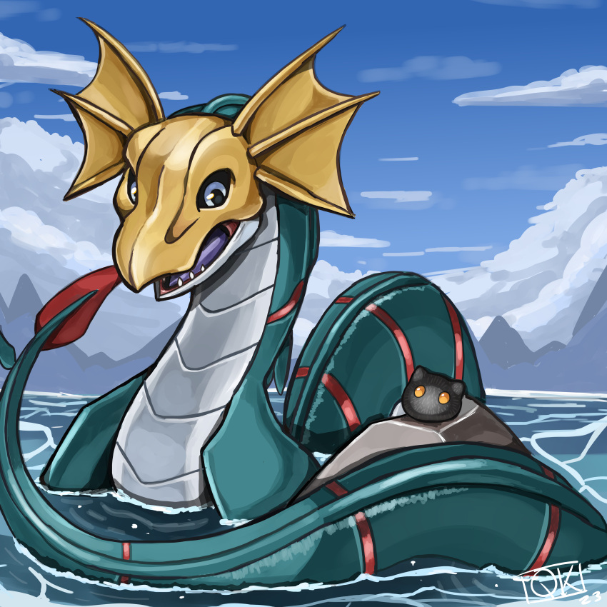 2others absurdres blue_sky botamon day digimon digimon_(creature) fins head_fins highres initial multiple_others no_humans open_mouth outdoors qkranks rock sea_serpent seadramon sharp_teeth sky tail teeth water watermark yellow_eyes