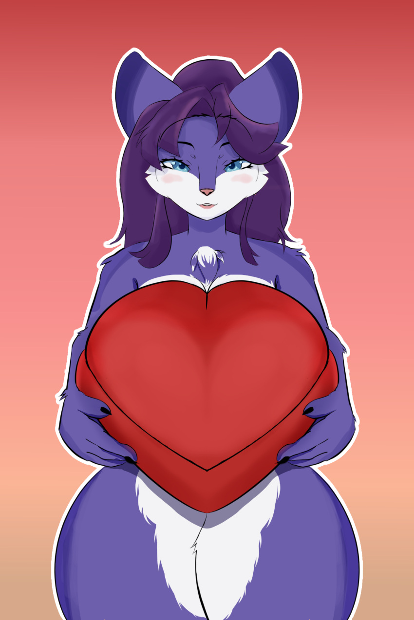 anthro blush curvy_figure domestic_cat felid feline felis female gift gift_box hi_res holding_object holidays mammal redsybad smile smiling_at_viewer solo valentine's_day wide_hips