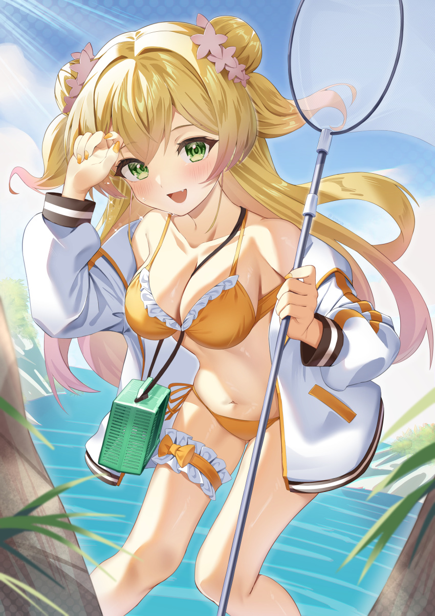 1girl :d absurdres alternate_costume between_breasts bikini blonde_hair blue_sky blush breasts bridal_garter cleavage commentary_request day double_bun flower gradient_hair green_eyes hair_bun highres holding hololive jacket leaning_forward long_sleeves looking_at_viewer medium_breasts momosuzu_nene multicolored_hair navel ocean off_shoulder open_clothes open_jacket open_mouth orange_flower outdoors pink_hair puffy_long_sleeves puffy_sleeves rykysd sky smile solo strap_between_breasts swimsuit virtual_youtuber white_jacket yellow_bikini